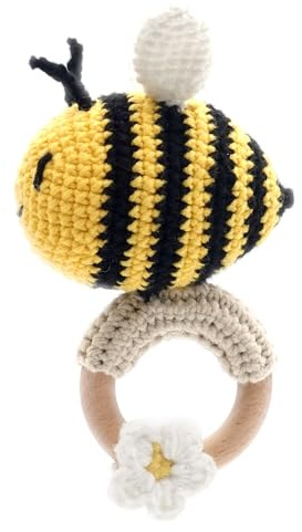 DICHA Crochet Bee Baby Rassel - Sensorisches Spielzeug für Babys - Ideal für Babyparty - Inklusive Beißring aus Buche
