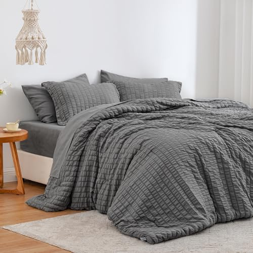 Love's cabin Seersucker Dark Grey King Size Comforter Set, 7-Piece All Season Lightweight Bed in a Bag Bedding Set with Comforter, Flat Sheet, Fitted Sheet, Pillowcases and Shams