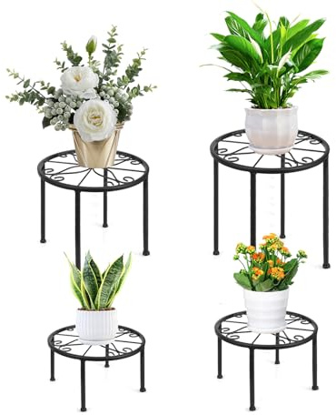 LEUTED Blumenständer 4-in-1 Set, Blumenhocker Metall für Innen Außen, Pflanzenhocker für Balkone Innenhöfe Gärten, Pflanzständer Blumenregal Indoor Outdoor Deko - Verschieden Höhe (Schwarz)
