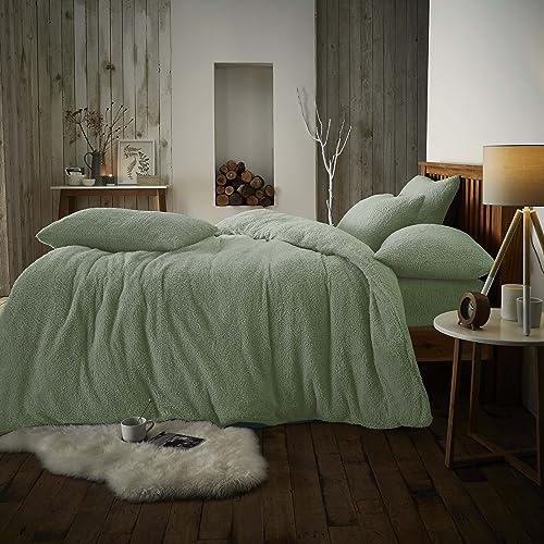 GC GAVENO CAVAILIA Thermal Quilt Cover Bedset With Matching Pillowcase | Polyester Teddy Bear Duvet Cover Single | Easycare Washable Warm Fluffy Fleece Bedding Set | Sage Green