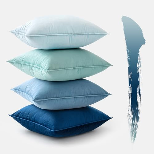 MIULEE 4er Set Samt Kissenbezug 45x45 cm Blau Serie Dekorative Kissenhülle Sofakissen Dekokissen Umwickelte Kante Kissenbezüge Zierkissenbezug für Sofa Wohnzimmer Schlafzimmer