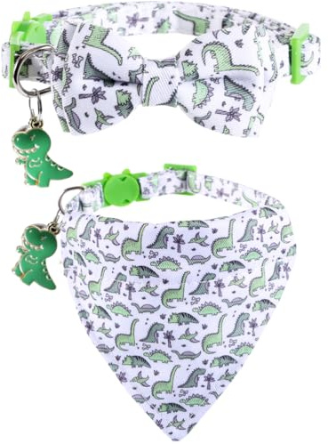 Cat Collar Breakaway with Cute Bow Tie Bandana and Bell Dinosaur Accessory