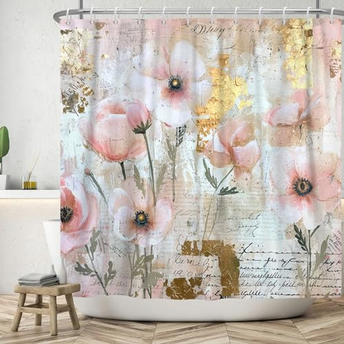 ASDCXZ Vintage Blumen Duschvorhang 180x180 cm, Retro Pink Gold Ölgemälde Weiß Rose Blumen Grün Blätter Bad Waschbar Duschvorhänge Polyester Textil Wasserdicht Duschvorhang für Badewanne mit 12 Haken