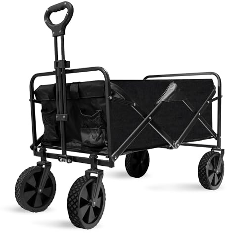 Alivio Heavy Duty Folding Wagon Cart, Large Collapsible Garden Trolley with Adjustable Handle, Portable Outdoor Utility Cart for Camping, Beach, Shopping & Garden Use, 70 x 48 x 50cm, Black