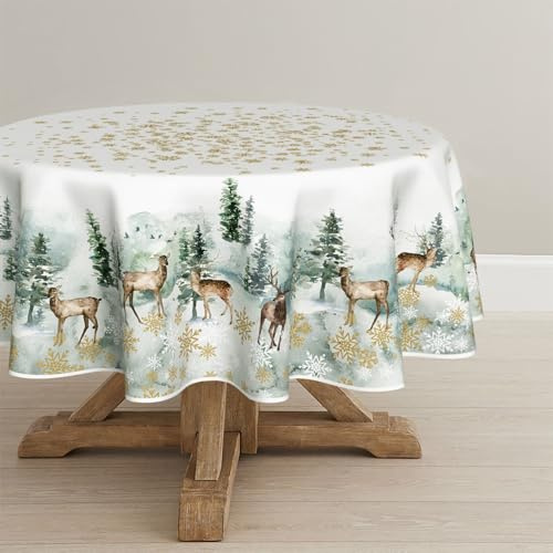 Artoid Mode Golden Schneeflocken Bäume Rentier Weihnachten Tischdecke Rund 120 cm, Winter Vögel Fleckschutz Tischwäsche Küche Dekoration Party Dekor