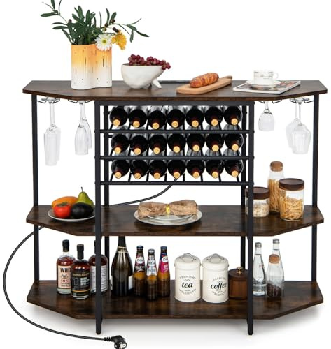 GIANTEX Vinställ för 21 flaskor, 3-stegshylla med mugghållare, sidoskåp med 2 USB-portar och 2 uttag, 120 x 40 x 92 cm, för bar, matsal (brun)