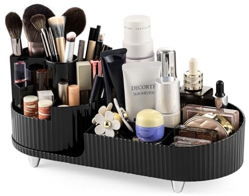 SOLVIEW Make Up Kosmetik Organizer, Skincare Organizer Schminktisch 360° Drehbar und Fach 2-in-1, Makeup Organizers Zur Aufbewahrung von Kosmetika, Hautpflegeprodukten, Pinsel, usw- Schwarz