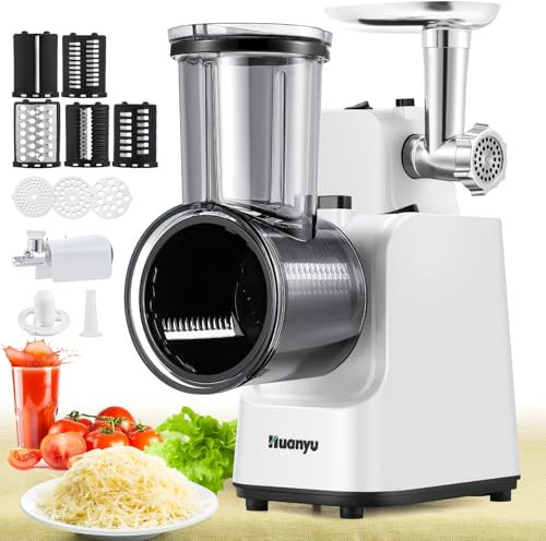 Huanyu Rallador de Queso Eléctrico Multifuncional Cortador Eléctrico de Verduras con 5 Cuchillas 250W Preparador Eléctrico de Ensaladas y Picador de Carne Rallador Eléctrico (blanco)
