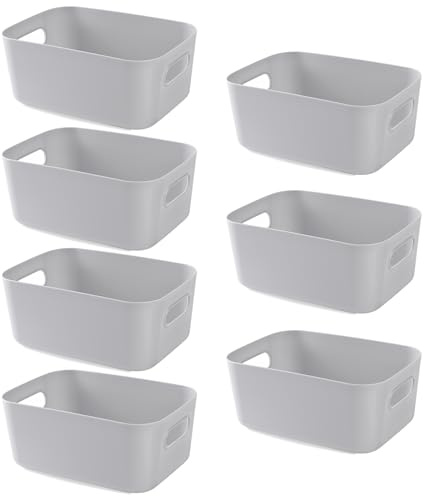 HapiLeap Plastic Storage Boxes, Multiple Colour Organisation Storage Baskets for Kitchen, Cupboard, Office, Bathroom, Toy, Home Tidy Open Storage Bins with Handles (Grey (7 Pack))