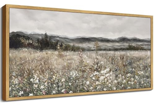 SHENIFY 20x40in Extra Large Vintage Framed Wall Art Meadow with Flowers Landscape Painting Retro Scenery Farmhouse Bedroom Above of Bed Living Room Decor - Natural Framed
