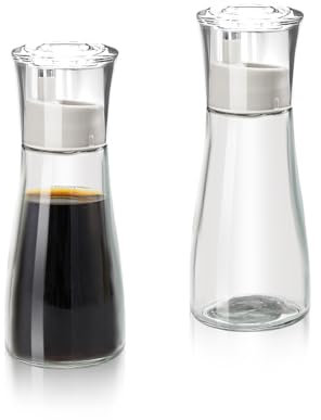 Realand 2 Pack Soy Sauce Dispenser Bottle, Glass Olive Oil and Vinegar Dispenser Cruet Set with No-Drip Stainless Steel Spout and Dust Cap for Kitchen Cooking, 150ml