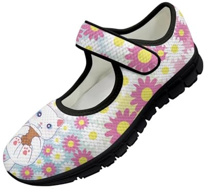 chaqlin Cat Mary Jane Ballet Flats Hippie Flower Women Walking Sneaker Wide Round Toe Barefoot Shoe Casual Business Work Dress Shoes