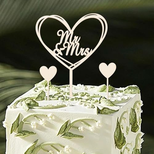 DazzJoy Mr & Mrs Deko Hochzeit Torte,Holz Cake Topper Hochzeit,3 Stück Tortendeko Hochzeitstorte Deko,Cake Topper Mr und Mrs Tortenstecker,Herz Kuchendeko Verlobung Jubiläum Antrag