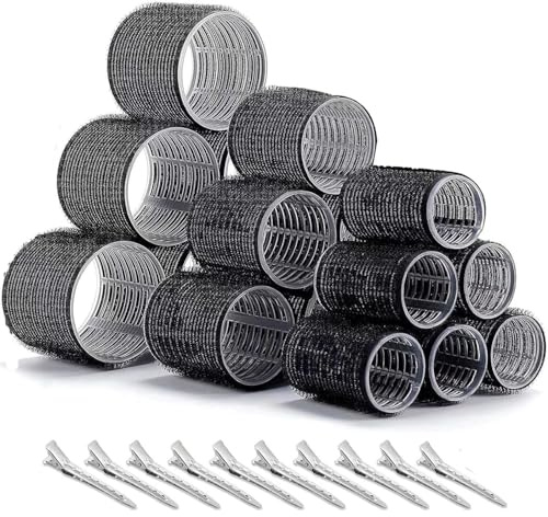 24PCS Black Self Grip Hair Rollers and Curlers Set with 3 Sizes (4 Jumbo,4 Large,4 Medium) and 12 Clips for Long Medium Short Thick Fine Volume Bangs Hair