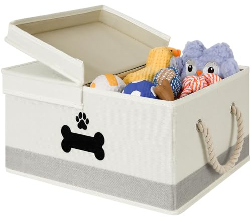 GreenPetopia Dog Toy Basket with Double-Open Lid, Divided Dogs Basket for Toys, Collapsible Pet Toys Box, Dog Storage Organizer with 2 Divided Area, Puppy Toy Baskets with Rope Handles, Beige & Gray