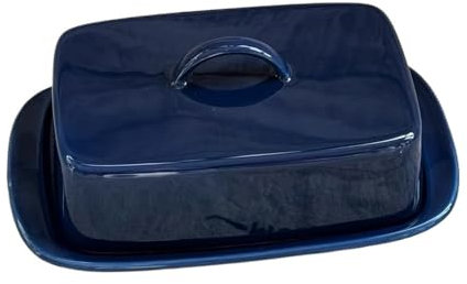 FAJNUZI2024 Mantequillera Caja de Mantequilla de cerámica Azul Oscuro Retro Plato de cerámica con Tapa Bandeja pequeña Plato de Postre Color esmaltado Mantequera