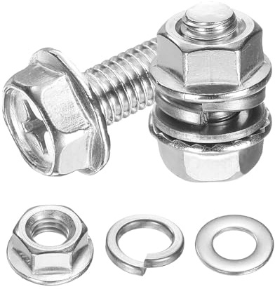 sourcing map M8 x 16mm Flanged Hex Head Bolts, 10Pcs 304 Stainless Steel Flange Hexagon Screws with Nuts, Flat & Lock Washers, Fully Threaded, for Machinery Industry Home Appliances