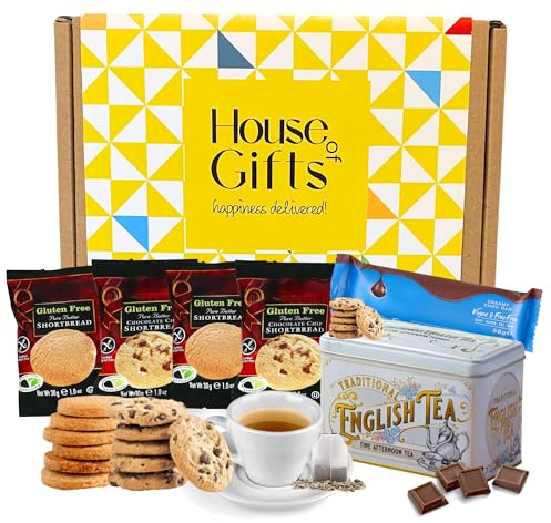 Gluten Free Biscuits Hamper Gift Set with Chocolate, 8 Shortbread Biscuits Gift Hamper & Afternoon Tea Gift Set Tin with 40 Teabags | For Her or Him | Coeliac Friendly