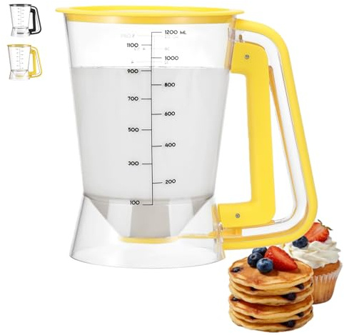 Lavius Pancake Batter Dispenser 5-Cup Batter Pourer for Maker Pancakes, Waffles, Crepes, Muffins, Cupcakes, Easy Squeeze Grip Handle with Proof Nozzle, Precise Baking Tools（Yellow）