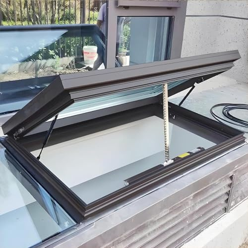 Skylight Windows for House Roof with Sun-Protection Film and Gloves, Sloped Flat Roof Lighting Well Window for Indoor Attic, Customizable Roof Hatch With Double-Layer Tempered Glass for Basement(Black