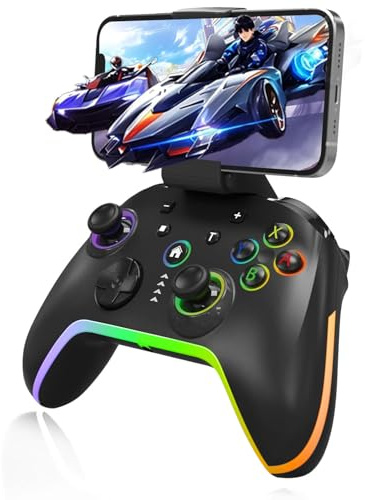 Kabelloser Game Controller mit Handyclip für iOS/iPhone/Android/Switch/Laptop. Mit Hall-Effekt-Triggern, kabelgebundener PC Controller, RGB-Beleuchtung, Vibration, 6-Achsen-Gyros und Turbo