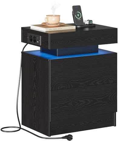 IRONCK Nachttisch mit Ladefunktion und LED-Beleuchtung Nachtschrank Schwarz | Beistelltisch mit Steckdosen, USB & USB-C, 2 Schubladen, Kommode für Schlafzimmer Wohnzimmer, 35×48×60 cm