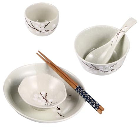 Alipis Japanese Style Ceramic Tableware Set 6 Pieces Practical Household Tableware for Single Use Includes Bowl Plate Cup Spoon Chopsticks Blue Color for Home Dining