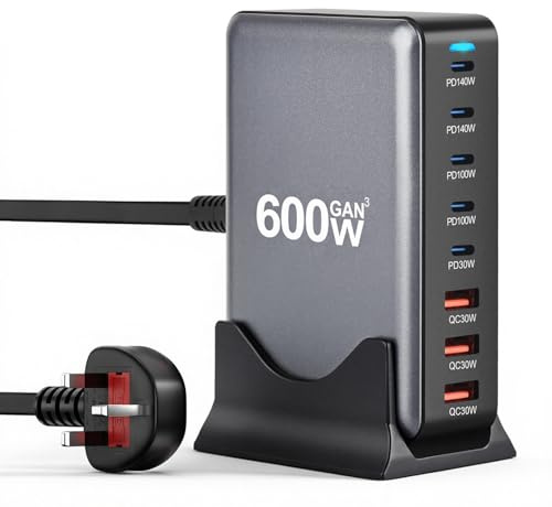 600W 8-Port USB Charging Station, GAN III USB C Charging Hub, Multi Type Charger with 5 USB-C & 3 USB-A Ports, Fast Charger Hub, Compatible with Pad, Phone, Laptop, Tablet