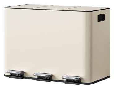 GarveeHome Mülleimer 3 Fächer 45L, Mülltrennsystem mit 3 x 15L Deckel aus Edelstahl, Treteimer Küche mit Softclose und Fußpedal, Abfalleimer mit herausnehmbarem Inneneimer für Küche, Beige