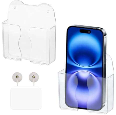 Aihoom 2PCS Wall Mounted Phone Holder with Charging Slot, Self Adhesive, Cell Phone Wall Holder with Charging Hole, Universal Cradle for Smartphones, Clear Shelf for Home Office Most Cell Phone