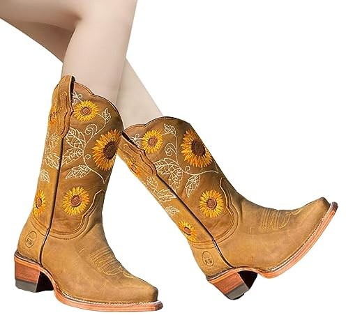 Cowboystövlar För Kvinnor | Blommiga Broderade Vintage Cowgirlstövlar | Riddarriddare Med Hög Fyrkantig Tå, Vintage Ridpresenter För Kvinnor Och Flickor, Temafest, Countrykonsert
