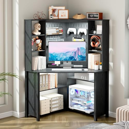 L Corner Computer Desk with Sliding Lights and 2 AC Port for Study,Black | 168CM Office table with 10 Tier Shelf and Pegboard for Home Office,Storage Bookshelf with charging station for Small Space