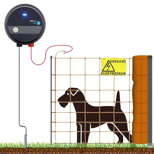 VOSS.farming 50m Hundezaun Komplettset Orange für kleine Hunde, Weidezaungerät Elektronetz Erdanschlussset Warnschild Reparaturset, Garten Hütesicherheit Elektrozaun Hundezaun Hund