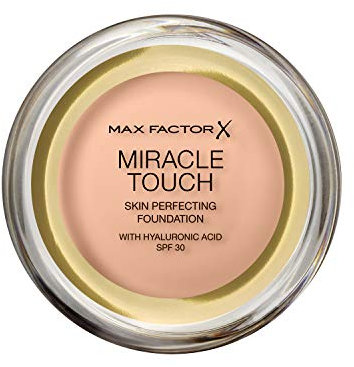 Max Factor Miracle Touch Foundation in der Farbe 35 Pearl Beige – Intensives, pudriges Make-up für ein makelloses Hautbild – Mit Lichtschutzfaktor 30