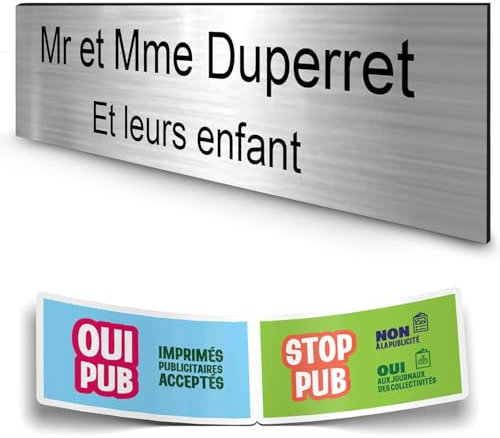 DECOHO - Plaque boîte aux lettres personnalisée adhésive - plastique 1,6 mm argent - 100x25 mm - 2 lignes + stickers Stop Pub offerts - Argent