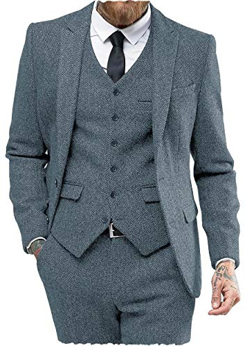 Aesido Classic Abiti Da Uomo Vestibilità Regolare 3 Pezzi Lana Tweed Spina Di Pesce Affari Smoking Sposi Sposi Blazer+Gilet Pantaloni Blu navy chiaro. Personalizzare