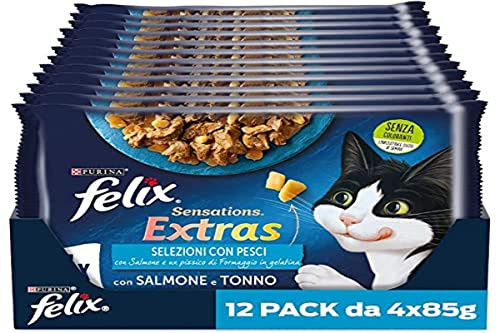 Purina Felix Sensations Extras Feuchtmittel für Katzen mit Lachs und Einer Prise Käse und Thunfisch und Einer Prise Käse, 48 Beutel à 85 g | Häppchen in Gelee mit Lachs und einer Prise Käse und mit Thunfisch und einer Prise Käse