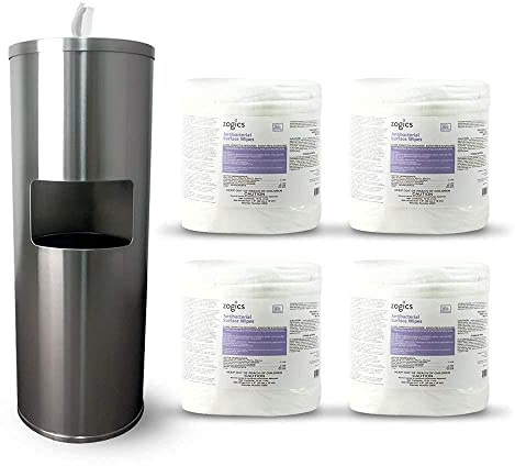 Zogics Disinfecting Wipes and Stainless Steel Wipe Dispenser with Built-in Trash Can