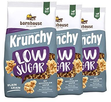 Barnhouse Krunchy Low Sugar Plain Grain, zuckerarmes Bio Hafer-Knuspermüsli aus Bayern, Basis-Sorte, 3 x 375g