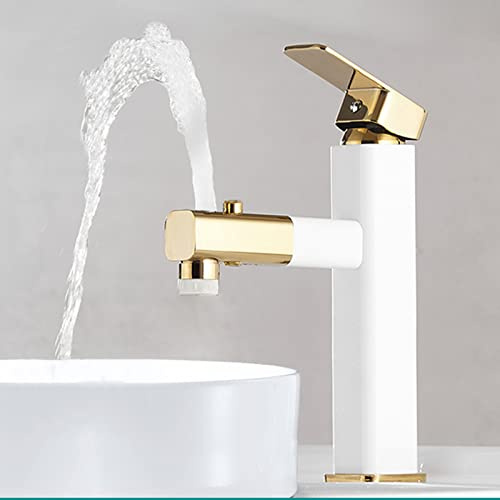 Robinet Mitigeur Lavabo avec Douchette Extractible Robinet Salle de Bain en Laiton 3 Modes Robinetterie Vasque à Poser pour Salle Bain Lavabo Blanc+Or,Haute