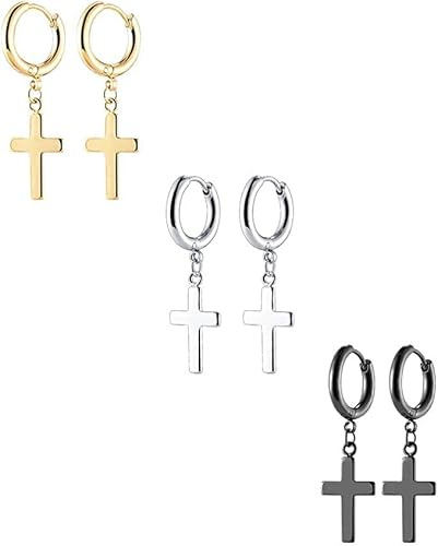 VU100 Pendientes de Mujer Hombre, Pendientes en Forma de Cruz de Estilo de Moda de Acero Inoxidable, Regalo Navidad,Negro/blanco/dorado