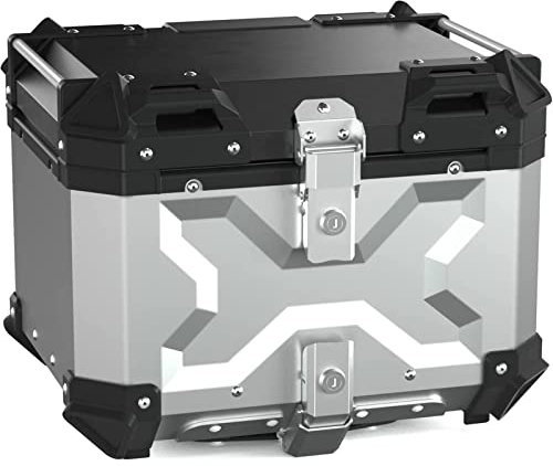 DXDRT 45L Motorrad Top Case, Aluminium Motorrad Trunk Tour Tail Box Mit Sicherheitsschloss Für Store Helm Gepäck, wasserdichte Motorrad Top Box, Universal Motorrad Zubehör,Silber