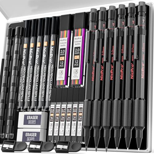 Nicpro 27 Stück Druckbleistift Set im Etui, Zeichenbleistift aus Metall 0,5 0,7 0,9 und 2 mm mit 13 Minen (4B 2B HB 4H 2H Farben), wetterfester Schaft zum Schreiben, Zeichnen und Skizzieren im Freien