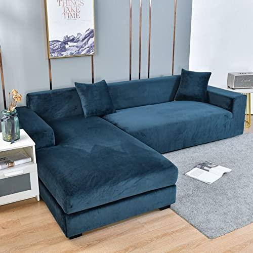 Copridivano con Penisola Destra/Sinistra Elasticizzato,Copri Divano in Velluto Angolare a Forma di L,Fodera Divano Chaise Longue Antigraffio,1/2/3/4 Posti Copertura Divano ,BlueA-ChaiseLongue+4seats