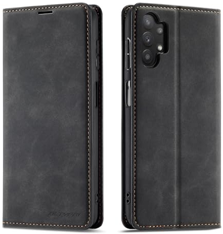 QLTYPRI Hülle für Samsung Galaxy A32 5G, Premium Dünne Ledertasche Handyhülle mit Kartenfach Ständer Flip Schutzhülle Kompatibel mit Samsung Galaxy A32 - Schwarz