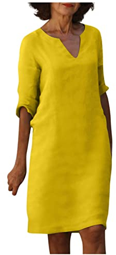 Azruma Damen Kleid Festlich Petticoat Kleid Bolero Damen Leinenkleid Damen Sommer V-Ausschnitt Halbe ÄRmel Einfarbig Knielang Leinen Kleider Maxi Kleider FüR Damen Sommer (Gelb, M)