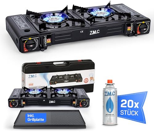 ZMC Camping Gaskocher 2-flammig mit 20x Gaskartuschen 227g und Grillplatte, 2,5 KW inkl. Adapter für LPG Anschluss + Aufbewahrungskoffer Campingkocher Set mit Piezozündung, für Outdoor und Innenraum