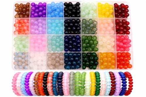 Kit för smyckestillverkning, 700 st 8 mm runda glaspärlor för smyckestillverkning, 28 färger, kristallpärlor för armbandstillverkning kit gör-det-själv hantverk tillbehör för armband, halsband