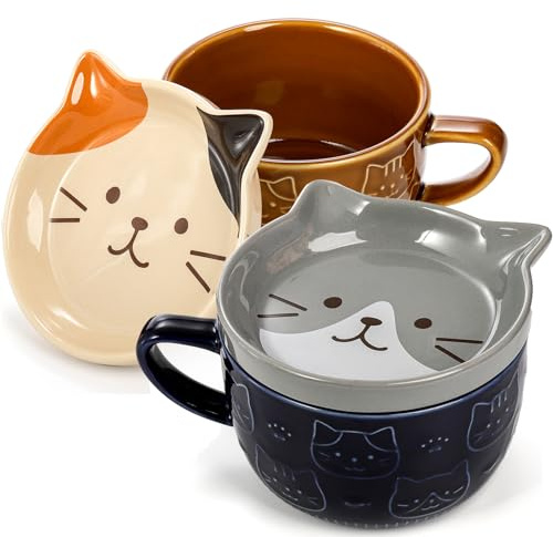 Cididu Uppsättning av 2 söta kattmuggar i keramik med lock, 295 ml nyhet kaffe mjölk mugg med underlägg, Kawaii tekopp frukostmugg för kattälskare, födelsedag alla hjärtans dag gåvor för kvinnor