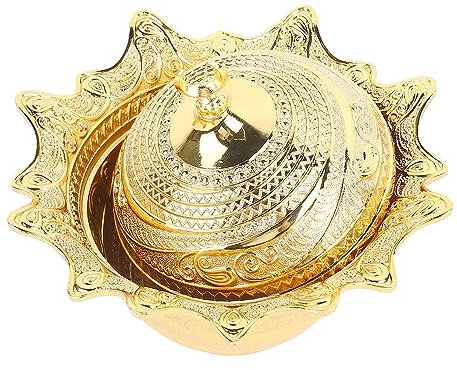BEIJIALY Plat à Bonbons avec Couvercle, Bol de Service à Bonbons Doré Turc, Sucrier avec Couvercle, Bol Décoratif en Métal Polyvalent en Alliage Rétro élégant Doré pour Desserts,(Small)